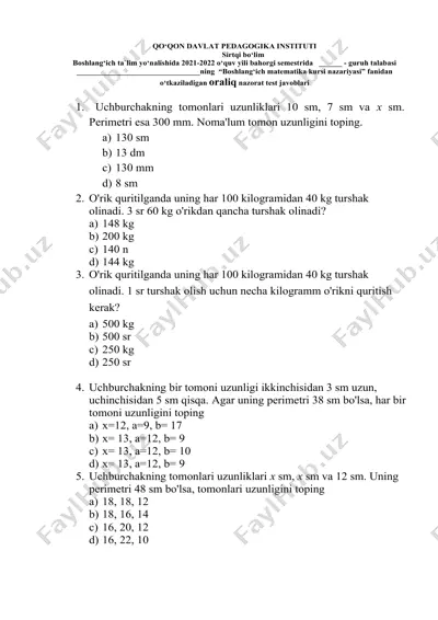 boshlang‘ich matematika kursi nazariyasi oraliq nazorat test javoblari — DOCX