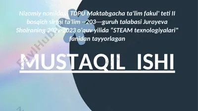 “steam texnologiyalari" fanidan tayyorlangan ilk matematik tasavvurlarini shakllantirish qisqartirma — PPT