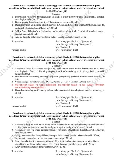 informatika o‘qitish metodikasi ta’lim savollari — DOCX
