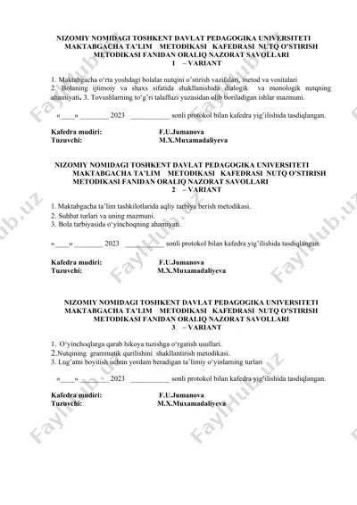 nutq o'stirish metodikasi fanidan oralig' nazorat savollari — DOCX