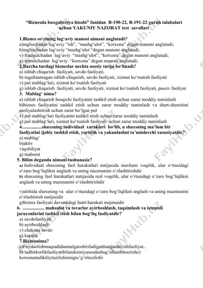 biznesda buxgalteriya hisobi fanidan yakuniy nazorat test savollari — DOCX