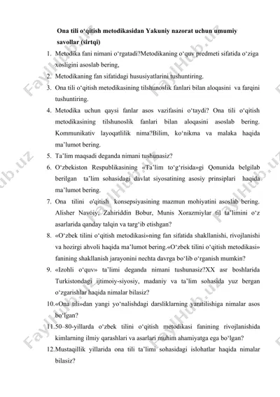 ona tili o‘qitish metodikasidan yakuniy nazorat uchun umumiy savollar (sirtqi) — DOCX