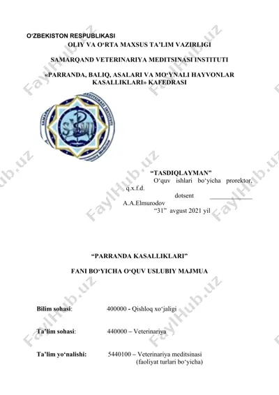 "parranda, baliq, asalari va mo‘ynali hayvonlar kasalliklari" fani — DOC