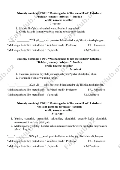 o'qitish metodikasi "bolalar jismoniy tarbiyasi" fanidan oraliq nazorat savollari — DOC