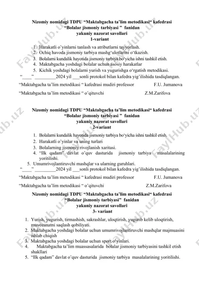 tdpu “maktabgacha ta’lim metodikasi“ kafedrasi "bolalar jismoniy tarbiyasi" fanidan yakuniy nazorat savollari — DOCX