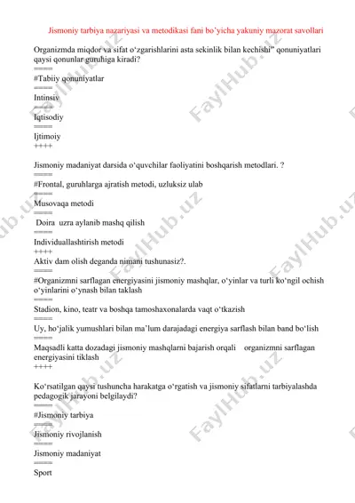 jismoniy tarbiya nazariyasi va metodikasi fani bo’yicha yakuniy mazorat savollari — DOCX