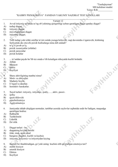 "kasbiy psixologiya" fanidan yakuniy nazorat test savollari — DOC