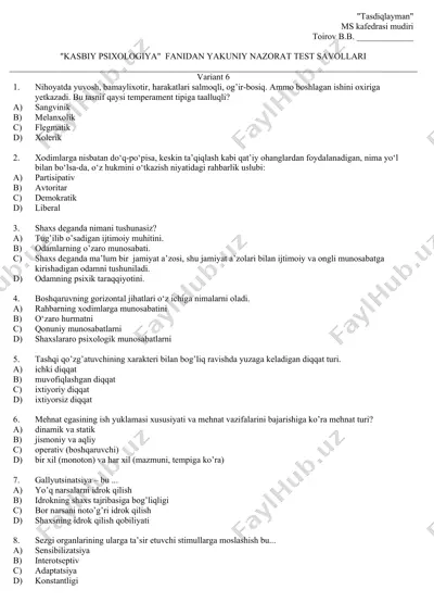 "kasbiy psixologiya" fanidan yakuniy nazorat test savollari — DOC