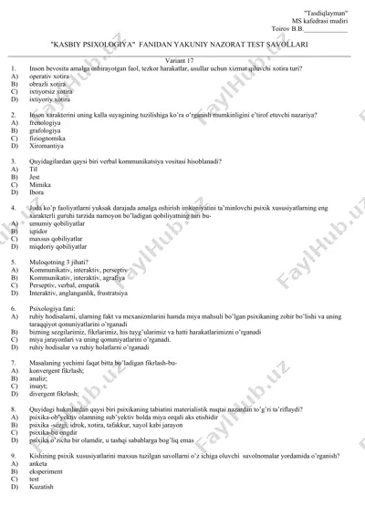 "kasbiy psixologiya" fanidan yakuniy nazorat test savollari — DOC