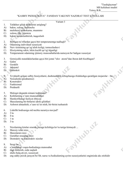 "kasbiy psixologiya" fanidan yakuniy nazorat test savollari — DOC