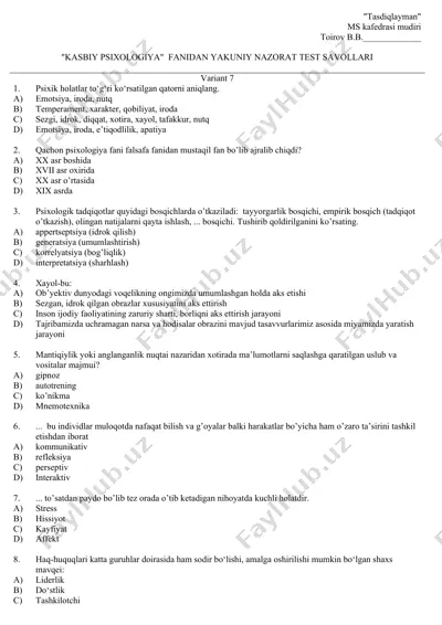 "kasbiy psixologiya" fanidan yakuniy nazorat test savollari — DOC