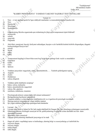 "kasbiy psixologiya" fanidan yakuniy nazorat test savollari — DOC