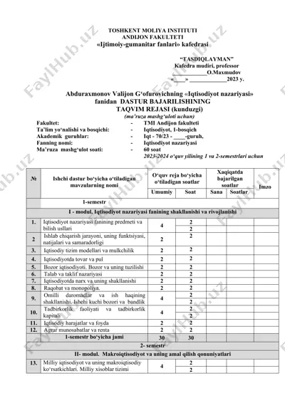 dastur bajrilishning taqvim rejasi — DOC