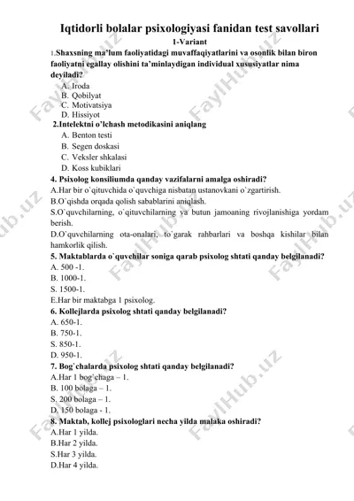 iqtidorli bolalar psixologiyasi fanidan test savollari — DOCX