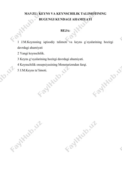 keyns va keynschilik talimotining bugungi kundagi ahamiyati — DOCX