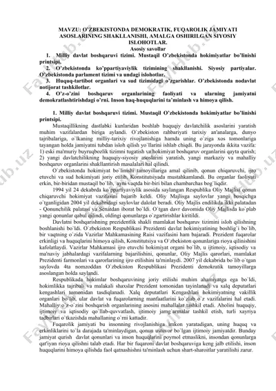 o’zbekistonda demokratik, fuqarolik jamiyati asoslarining shakllanishi, amalga oshirilgan siyosiy islohotlar — DOCX