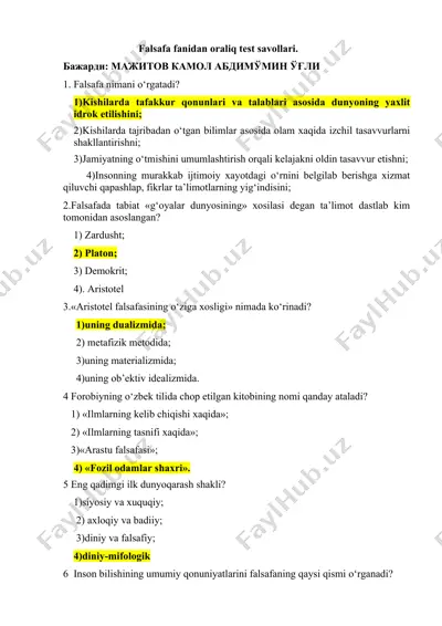 falsafa fanidan oraliq test savollari — DOC