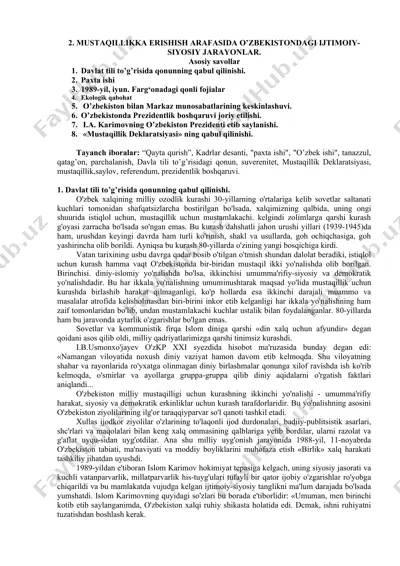 mustaqillikka erishish arafasida o‘zbekistondagi ijtimoiy-siyosiy jarayonlar — DOCX