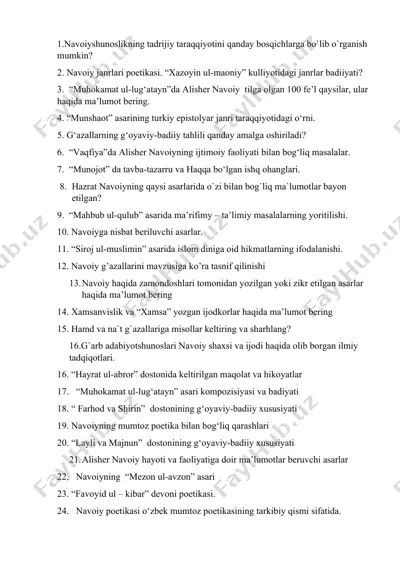 navoiyshunoslikning tadrijiy taraqqiyotini qanday bosqichlarga bo`lib o`rganish mumkin? — DOCX