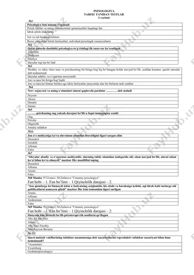 psixologiya tarixi fanidan testlar — DOC