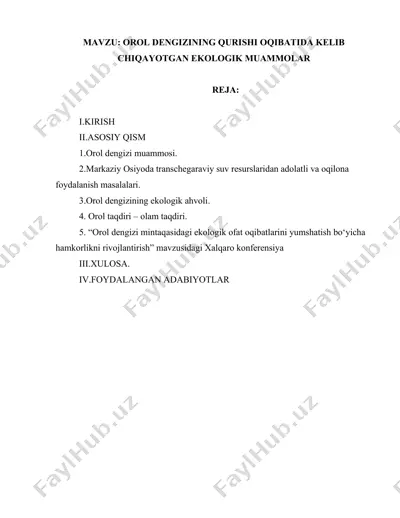 orol dengizining qurishi oqibatida kelib chiqayotgan ekologik muammlar — PDF
