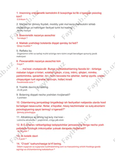 psixologiya bo'yicha test savollari va javoblari — DOCX