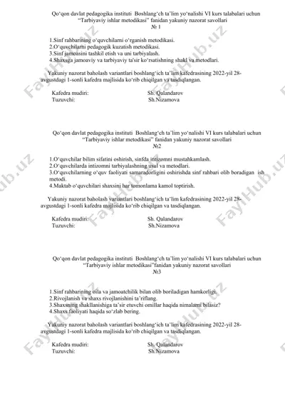 yakuniy nazorat savollari "tarbiyaviy ishlar metodikasi" fanidan — DOCX