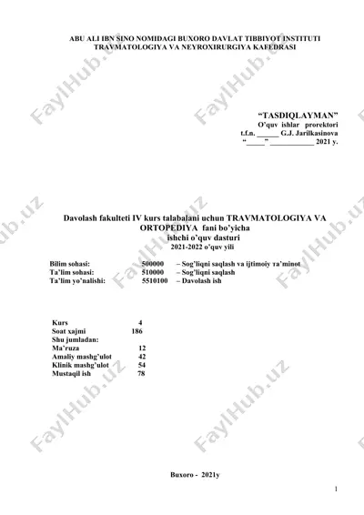 travmatologiya va ortopediya fani bo'yicha ishchi o'quv dasturi — DOC