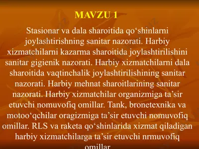 harbiy xizmatchilarni kazarma va dala sharoitida joylashtirishning sanitar nazorati — PPTX