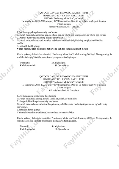 ona tili va bolalar adabiyoti yakuniy baholash variantlari — DOCX