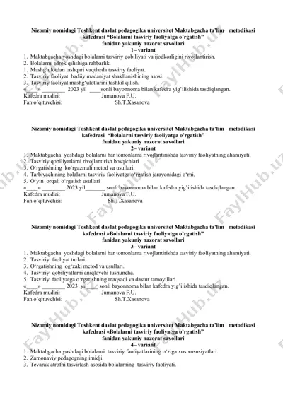 bolalarni tasviriy faoliyatga o'rgatish fanidan yakuniy nazorat savollari — DOCX