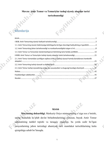 amir temur va temuriylar tashqi siyosiy aloqalar tarixi tarixshunosligi — DOCX
