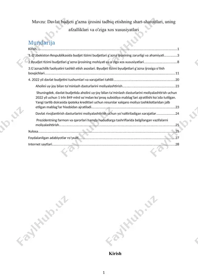 davlat budjeti g'azna ijrosini tadbiq etishning shart-sharoitlari, uning afzalliklari va o'ziga xos xususiyatlari — DOCX