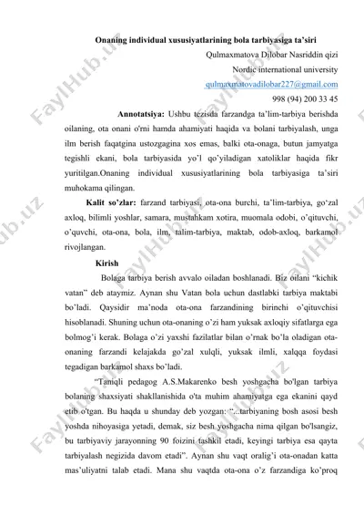 farzandga ta'lim-tarbiya berishda ota-onaning individual xususiyatlari — DOC