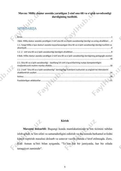 milliy dastur asosida yaratilgan 2-sinf ona tili va o‘qish savodxonligi darsligining tuzilishi — DOCX