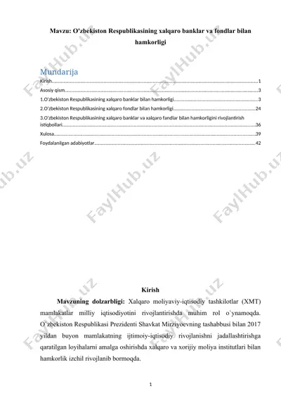 o'zbekiston respublikasining xalqaro banklar va fondlar bilan hamkorligi — DOCX