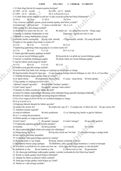 o'zbek tilida 5-sinfdagi "ona tili" fanidan test savollari — DOC
