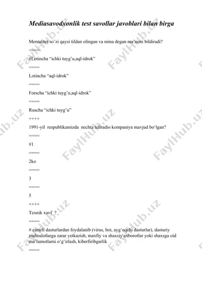 mediasavodxonlik test savollar javoblari bilan birga — DOC