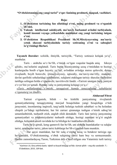 “o‘zbekistonning eng yangi tarixi” o‘quv fanining predmeti, maqsad, vazifalari. — DOC