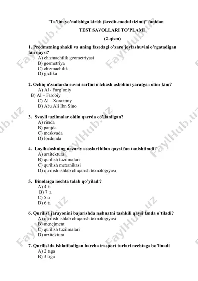 ta’lim yo’nalishiga kirish (kredit-modul tizimi) — DOC