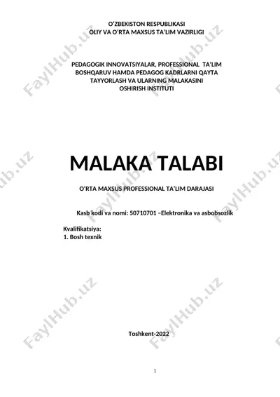 elektronika va asbobsozlikda bosh texnik malaka talabi — DOC