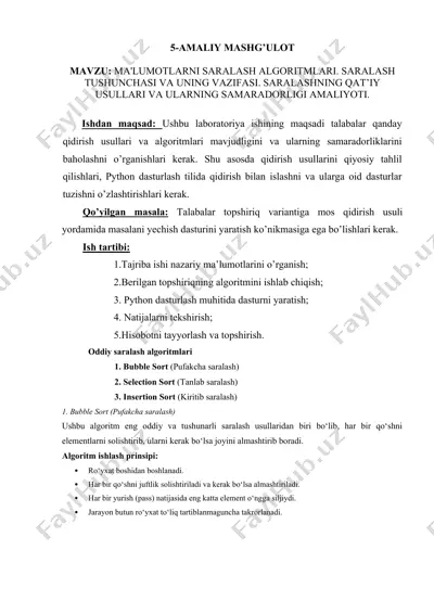 saralash algoritmalarini o'rganish — DOC