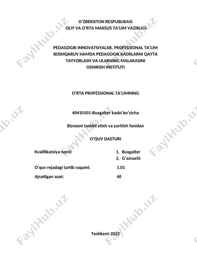 buxgalter kasbi bo‘yicha biznesni tashkil etish va yuritish fanidan o‘quv dasturi — DOC