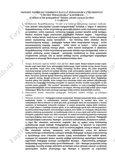 uzluksiz ta’lim pedagogikasi fanidan yakuniy nazorat savollari — DOC