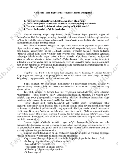 vaqt boshqarishning ahamiyati — DOC