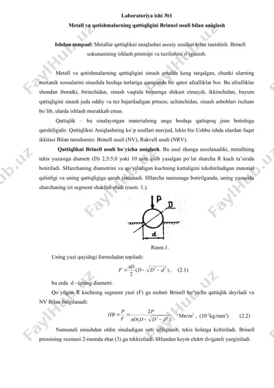 metall va qotishmalarning qattiqligini brinnel usuli bilan aniqlash — DOC