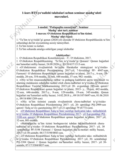 1-kurs bts yo‘nalishi talabalari uchun seminar mashg‘uloti mavzulari — DOC
