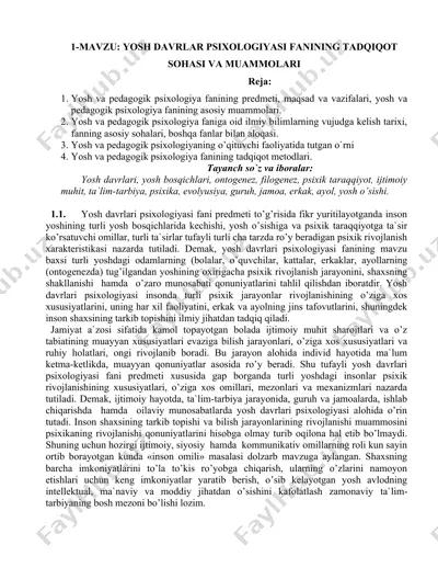 yosh davrlari psixologiyasi fanining tadqiqot sohasi va muammolari — DOC