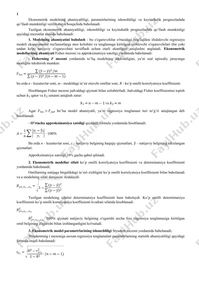 ekonometrik modelning ahamiyatliligi, parametrlarining ishonshliligi va keyinchalik prognozlashda qo’llash mumkinligi verifikatsiya bosqichida baholanadi — DOC
