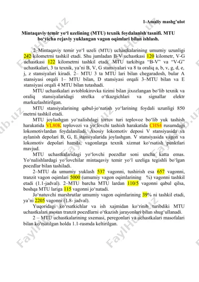 mintaqaviy temir yo‘l uzelining (mtu) texnik foydalanish tasnifi — DOC
